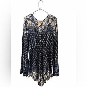 Sea Gypsies Blue Peacock Boho Romper Bell Sleeve Large